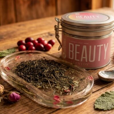 Une boite de thé de la marque Alveus qui s'appelle Beauty avec une coupelle remplie de feuilles de thé posées sur une table en bois