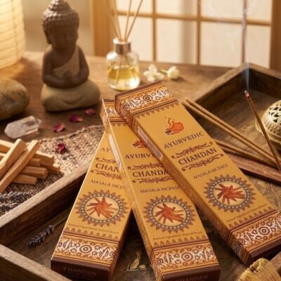 3 boites d'encens ayurvedic chandan posées sur un fond en bois