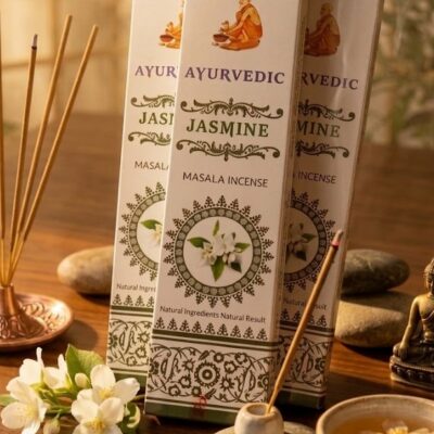 3 boites d'encens ayurvedic jasmine posées sur un fond en bois