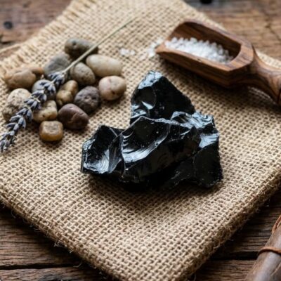 quatre pierres d'obsidienne noire posée sur un carré de toile de jute entourées de petits cailloux et de sel