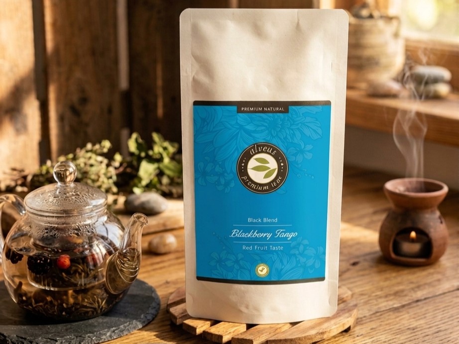 Un sachet de thé blackberry tango de la marque alveus posé sur une table en bois avec a coté une théière