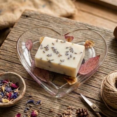 Un savon rectangulaire sur une coupelle en forme de cœur en résine époxy avec des inclusions de fleurs séchées. Posé sur une table en bois