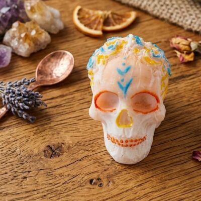 une bougie en cire de soja en firme de crane calavera aux couleurs orange, bleu et jaune. Posée sur une table en bois et entourée de lavande, de pierres violettes et dorées , d'une cuillère en métal argenté et de morceaux d'oranges séchées