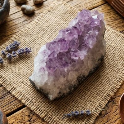 une druse d'améthyste violette posée sur un carré de toile de jute entourée de fleurs de lavande