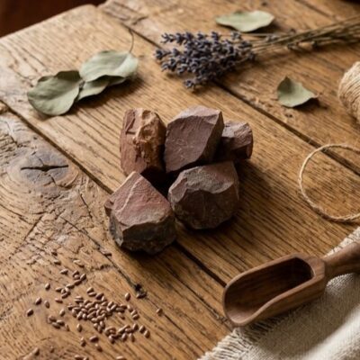 cinq pierres de jaspe rouge sur une table en bois entourées de fleurs de lavande, d'un rouleau de corde artisanale et de feuilles d'eucalyptus.