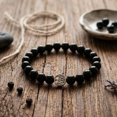 un bracelet en perles d'obsidienne noire avec un cache nœud arbre de vie posé sur un fond en bois entouré d'un caillou gris, d'une coupelle grise avec 4 perles noires et d'un morceau de corde